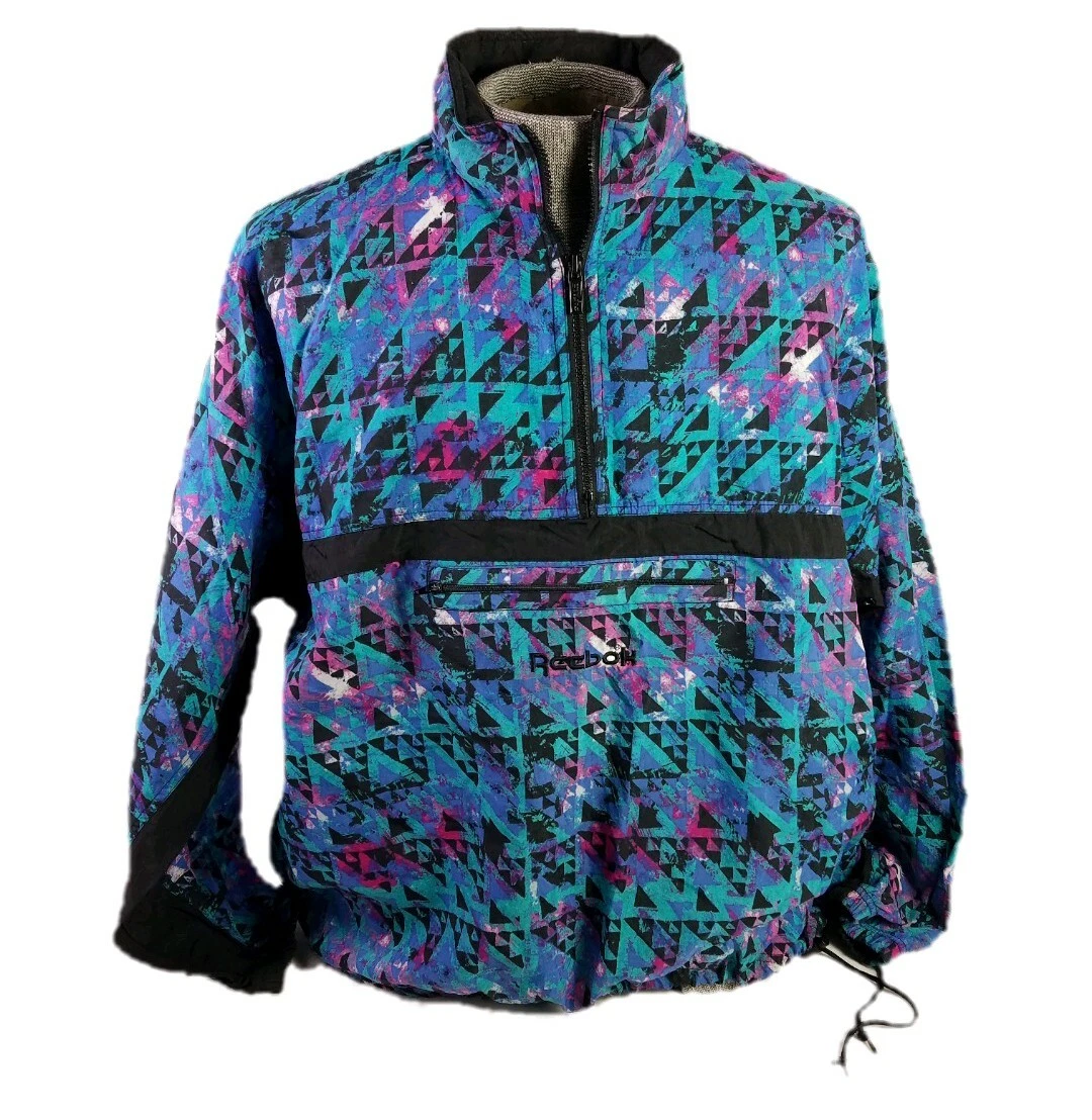 Vintage 90s Reebok Pullover Windbreaker 1/2 Zip Jacket Mens L XL Geometric Teal