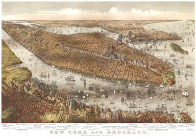 New York And Brooklyn - 1875 - Aerial Bird's Eye View Map Poster