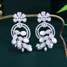 Silver Plated CZ Earrings Big Long Leaf Flower Drop Dangle Pearl Costume Jewelry