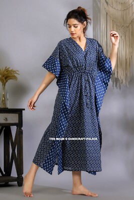 Indian Blue Ikat Printed Kaftan Cotton Hippie Maxi Women Nightwear Caftan Dress | eBay Indian Blue Ikat Printed Kaftan Cotton Hippie Maxi Women Nightwear Caftan Dress | eBay