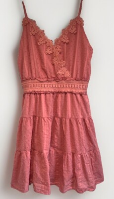Mine Ruffle Swiss Dot Dress Women Size S Salmon Pink Short Fairy Lined Strappy