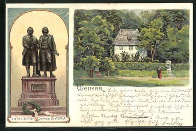 Lithographie Weimar, Goethes Gartenhaus, Denkmal Schiller ...