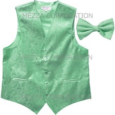 New Vesuvio Napoli Men's paisley formal Tuxedo Vest Waistcoat Bowtie Aqua Green