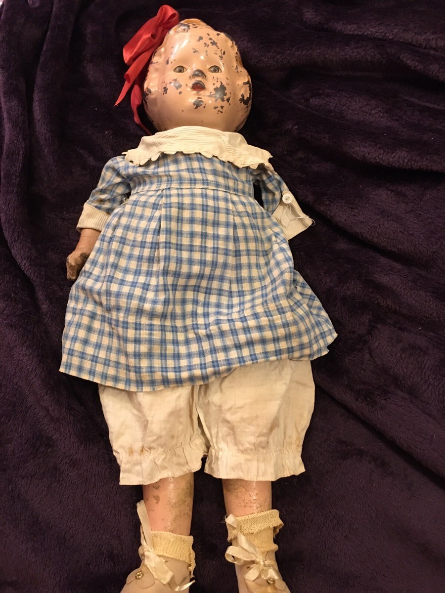 Antique Tin Headed Composition Doll With Head Loop For Bow