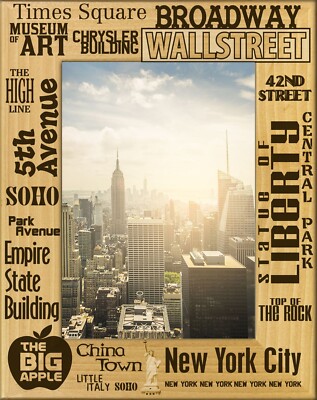 New York City Key Places Laser Engraved Wood Picture Frame Portrait (3 x 5)