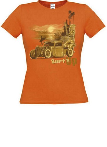 T-shirt Femme Orange Motif Hot Rod & Surf's Up - 100% Coton - Neuf Avec étiquettes - Fabriqué En Allemagne