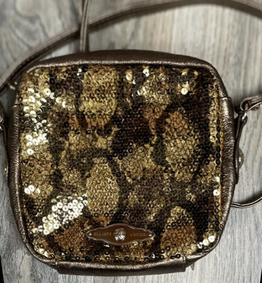 ELLIOT LUCCA WOMENS GOLD SEQUIN FAUX LEATHER SNAKESKIN CROSSBODY BAG PURSE EUC