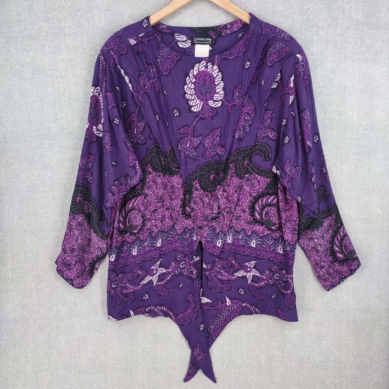 Vintage Carole Little Blouse Womens Medium Purple Floral Boho Tie Front Top 90s