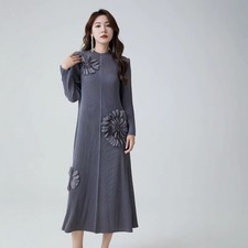 womens autumn new design flower pleated long dress fashion crew neck 3/4 sleeve