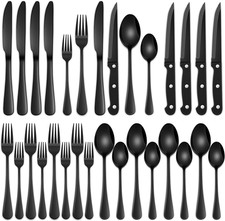 Black Flatware Set for 4, 24 Pcs Stainless Black Silverware Set with Steak Knive