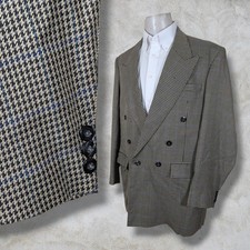Bespoke Sahiwal Sport Coat Blazer Jacket Mens 48L Houndstooth Tweed Beige Blue