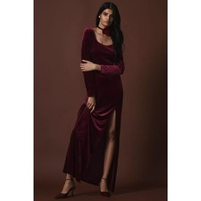 NWT BHLDN Bella Long-Sleeve Scoop-Neck Side-Slit Stretch Velvet Maxi Dress $248