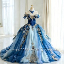 Off Shoulder Corset Ball Gown Gold Appliques Ombre Tulle Evening Dress Train