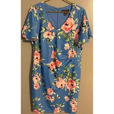 Jessica Howard Blue Floral Flutter Sleeve Sheath Dress Plus Size 14W V-Neck
