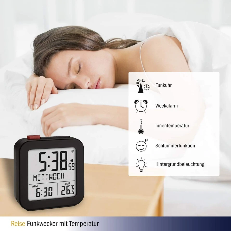 Funk-Wecker 60.2558.01 zur Raumklimakontrolle Weckalarm mit Snooze Wochentag ... - Bild 4 von 4