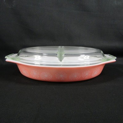 Vintage Pyrex Pink Daisy Divided Oval Casserole Dish 1- 1/2 Quart with Lid 945C
