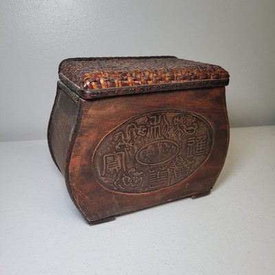 Vintage Wooden Box Chinese Dragon Phoenix Carved Relief Woven Top Decor
