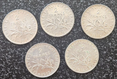 FRANCE - FRANCIA - LOT DE 5 MONNAIES DE 2 FRANCS SEMEUSE ARGENT REF:M. - Photo 1/2