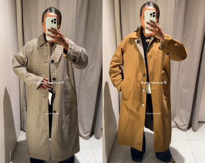Zara ZW Collection Reversible Trench Coat Checked Dark Camel Size