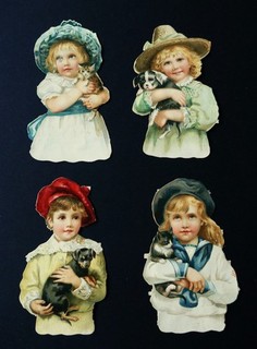 4 bustes Chromo découpi gaufré vernis enfants chat chien 11 x 6 5 cm