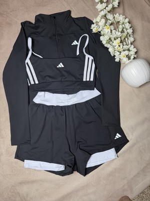 adidas Women s S/M Black/White Striped 3-Piece Zip Jacket Bra & Shorts Set