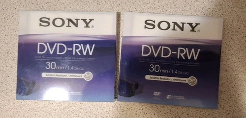 2 Sony 8cm DVD-RW re-recordable video camera disc 1.4GB 30mins Brand New/Sealed