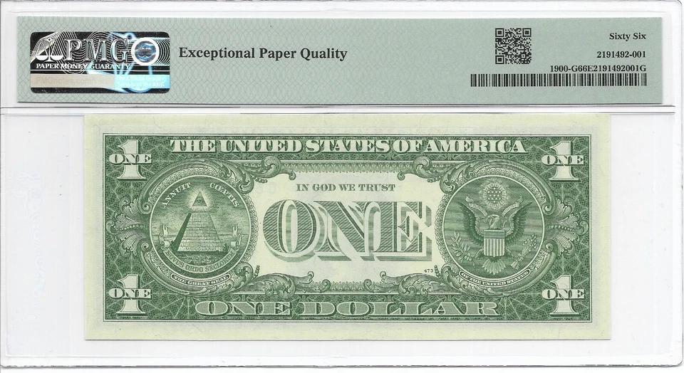 1963 $1 CHICAGO FRN. PMG GEM Uncirculated 66 EPQ Banknote. G/C block. 1st of 2 - Image 2 of 2