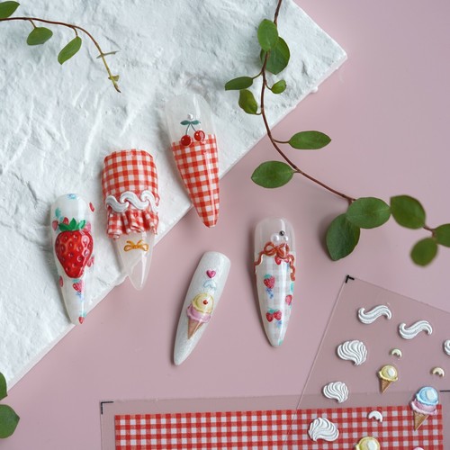 3 pièces autocollants à ongles crème glacée fraise en relief ultra fins 3D auto-adhésifs - Photo 5/9