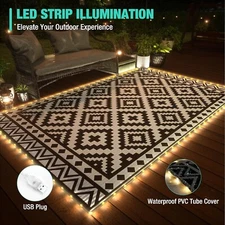 HAUSHOF Outdoor Rug Waterproof with LED Strip Light Patio Rug with 4 Rug Stakes