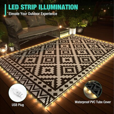 #ad HAUSHOF Outdoor Rug Waterproof with LED Strip Light Patio Rug with 4 Rug Stakes $53.99