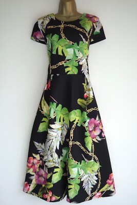 JULIEN MACDONALD BLACK GREEN FLORAL CHAIN MIDI SKATER DRESS SIZE