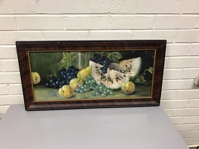 ANTIQUE VTG FRUIT STILL LIFE IN TIGER STRIPE FRAME 27 3/8 X 13 /8  BEAUTIFUL