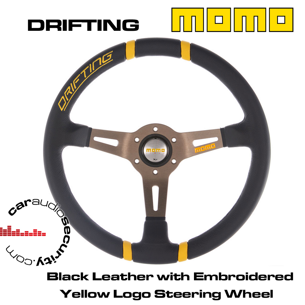 MOMO DRIFTING 350MM BLACK LEATHER + YELLOW LOGO STEERING WHEEL | eBay
