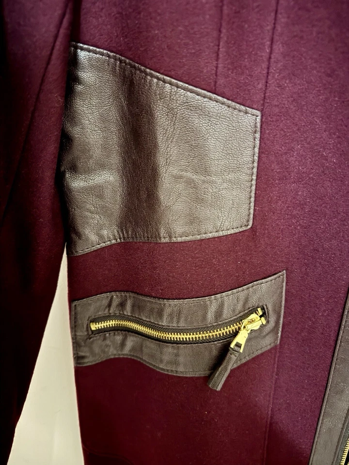 NUEVO CON ETIQUETAS VIA SPIGA Brandy Mezcla Lana Imitación Cuero Cremallera Completa Abrigo Talla 14 Foto 4 de 4