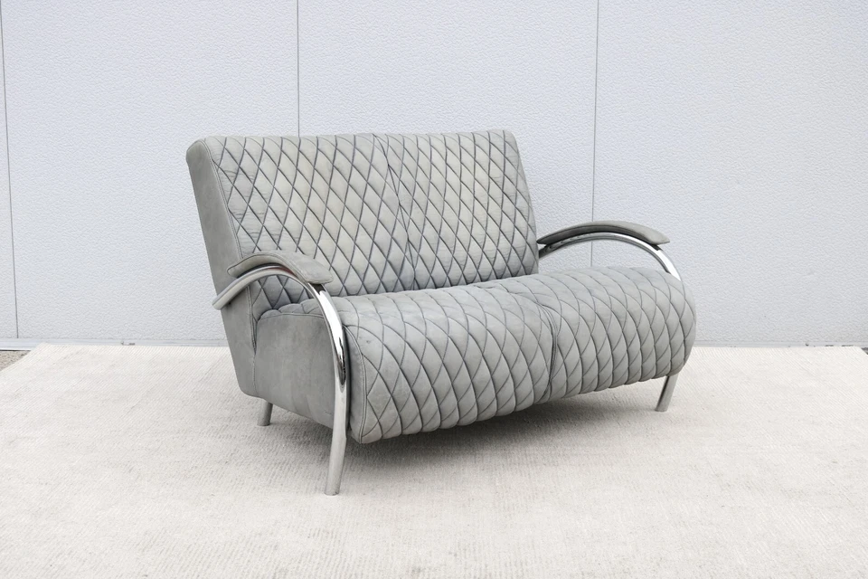 Sofá loveseat o dos asientos de Molinari de cuero y cromo de la Academia Italiana de los años 70 Foto 3 de 4
