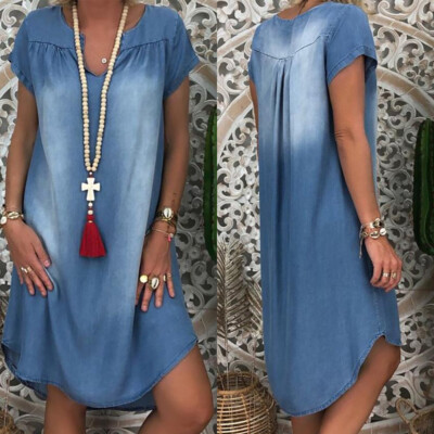 New Fashion Women Plus Size Short Sleeve Loose Denim Midi