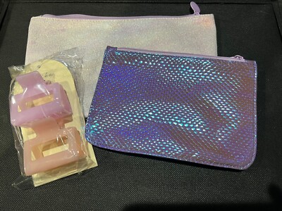 Ipsy Glam Bag Hair Clip Claw Set Pink & Purple Zipper Pouch Makeup Cosmetic