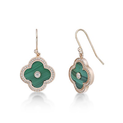 Yellow Gold Plated 925 Sterling Silver Malachite Flower Drop Fish Hook Earrings