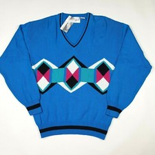Vintage 90s Geometric Diamond Argyle Size M Golf V-Neck Pullover Preppy Sweater