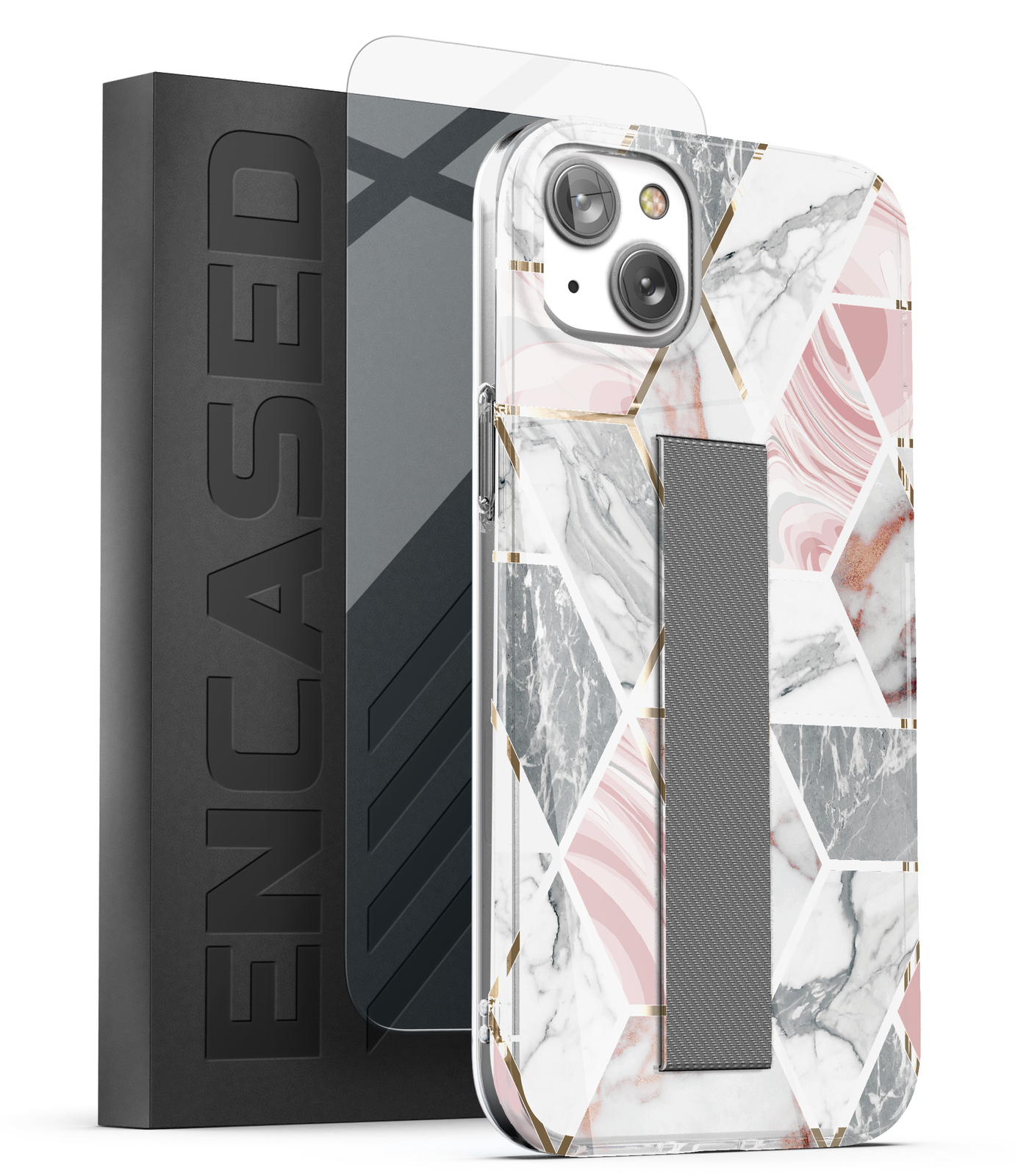 iPhone 14 Case with Strap Hand Holder Loop Phone Case for Women (Marble)