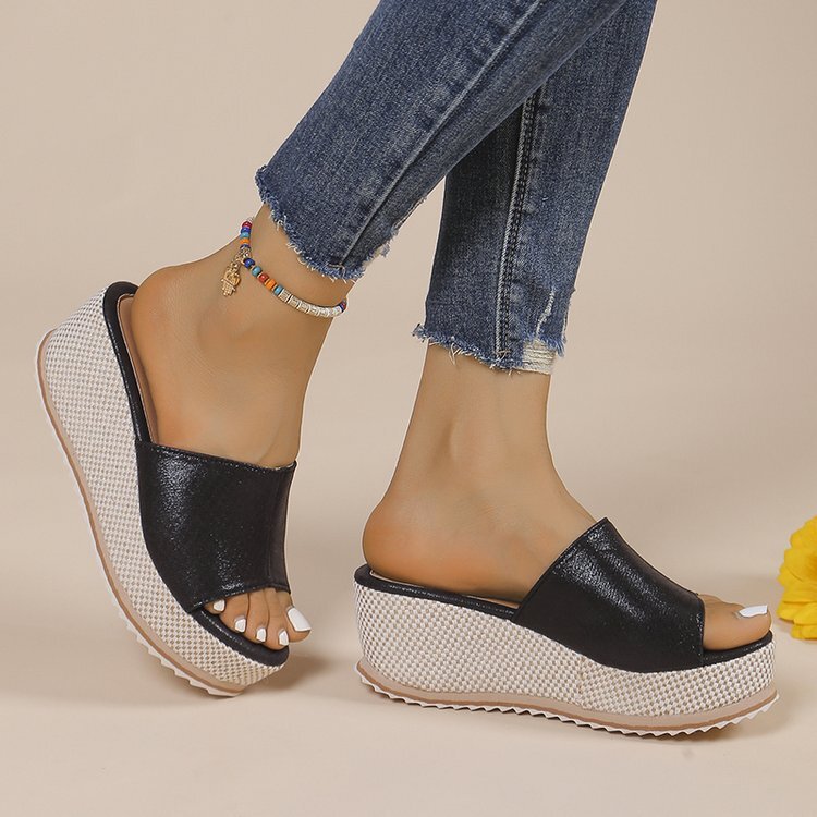 Women Slippers Slip On Summer Open Toe Comfort Wedge Heel Beach Sandals Shoes-image