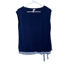 Elle Blouse Women's Small Navy Cap Sleeve Tank Blue Round Neck Tie Shirt Top