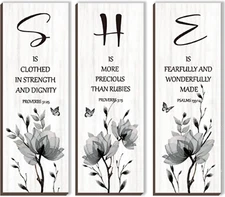 DONFENTHY 3 Pieces Inspirational Black Floral Wall Decor Wooden Hanging Wall Art