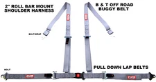 OFF ROAD 4 POINT SEAT BELT RACE HARNESS PULL DOWN LAP BELTS ROLL BAR MOUNT GREY