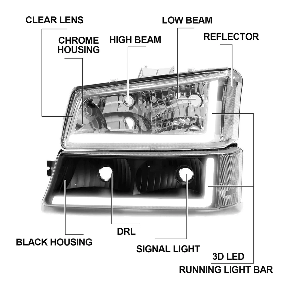 Faros LED DRL para Chevy Silverado 1500 2500HD 3500 2003-2006 + luz de parachoques Foto 2 de 4