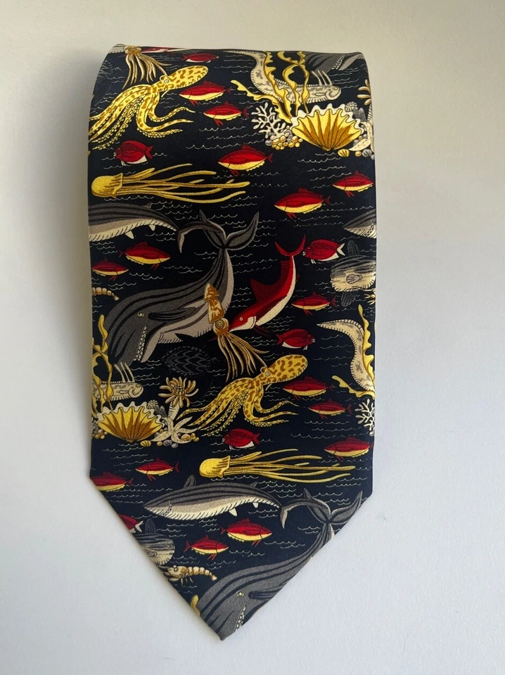 "Corbata Rudee Ricco seda italiana multicolor bajo el mar pulpo tiburón náutica 59""x4""" Foto 2 de 4