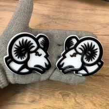 For Ram Head Badges Emblem White Red Eye , 2 Badges, Fender Angry Agressive