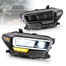 For 2016-21 Toyota Tacoma Pair Black Housing LED Tube Reflector Headlights RH+LH