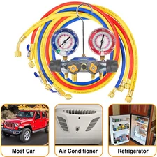 49968 4-Valve Test and Charging Manifold with Gauge &Hose For R-22 R-404A R-410A