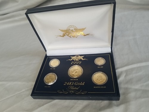 24k Gold Plated 1999 Coin Proof Set w/ Documents - $1, .25, .10, .05, .01 - Picture 2 of 20